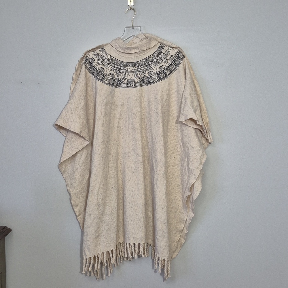 Vintage Cream Aztec Print Wool Fringe Poncho Cape One Size Festival Boho Western - Picture 8 of 10